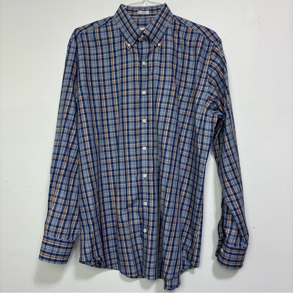 Peter Millar Men's Button Down Dress Shirt Blue Plaid Large 100% Cotton